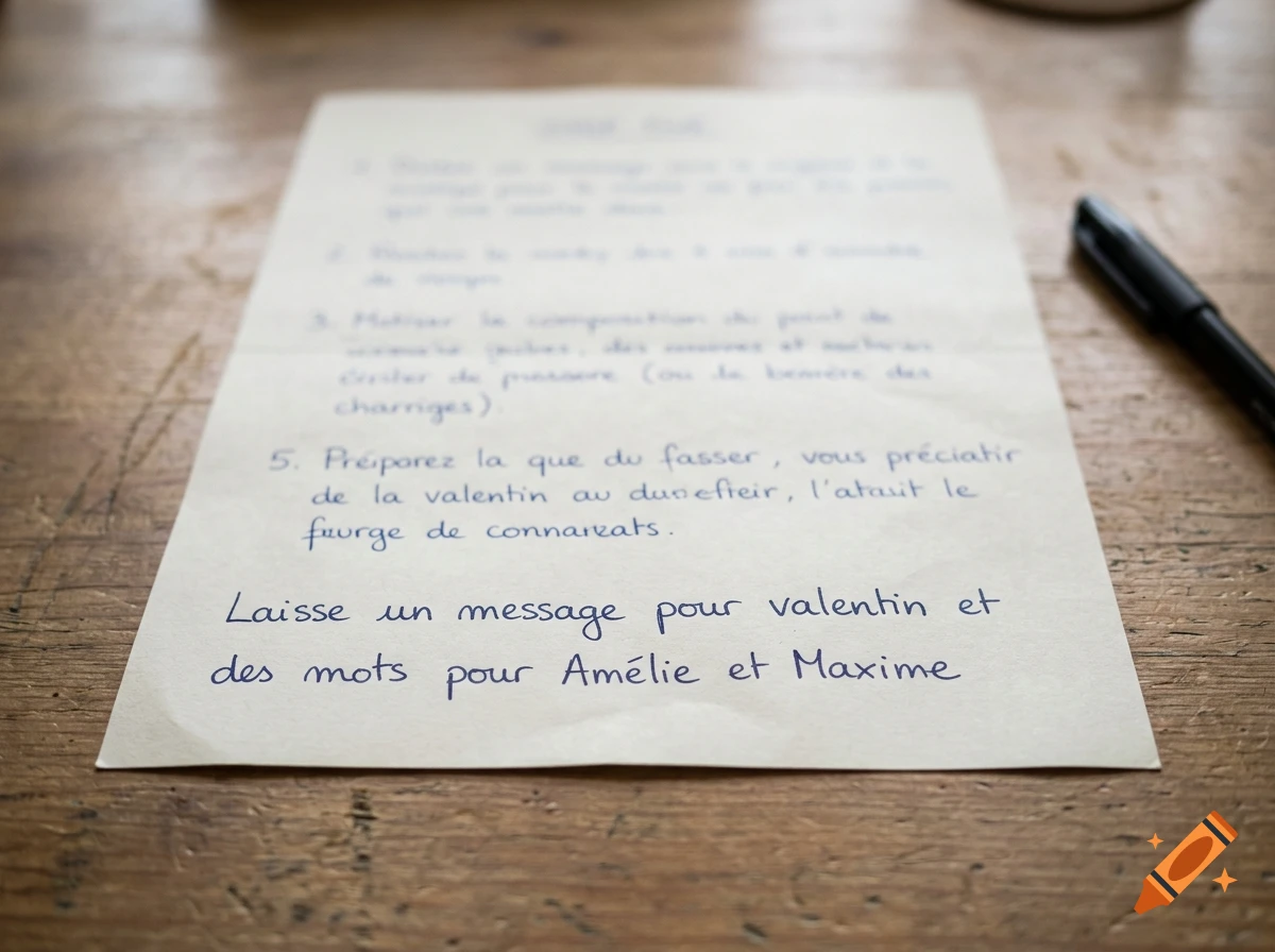 A piece of paper with handwritten French text on a wooden table next to a black pen, photorealistic.