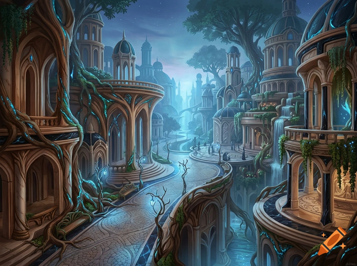 An ornate fantasy city with organic architecture, curved stone bridges, and glowing blue moss in digital art style.