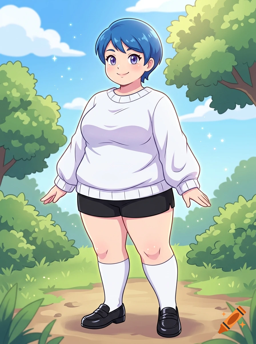 Anime style illustration of a chubby woman with blue hair, violet eyes, white sweater, shorts, and knee-high socks in a park.