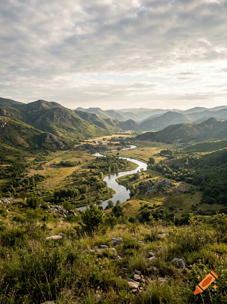 Photorealistic landscape view of a winding river flowing through a lush green valley surrounded by mountains under a cloudy sky.