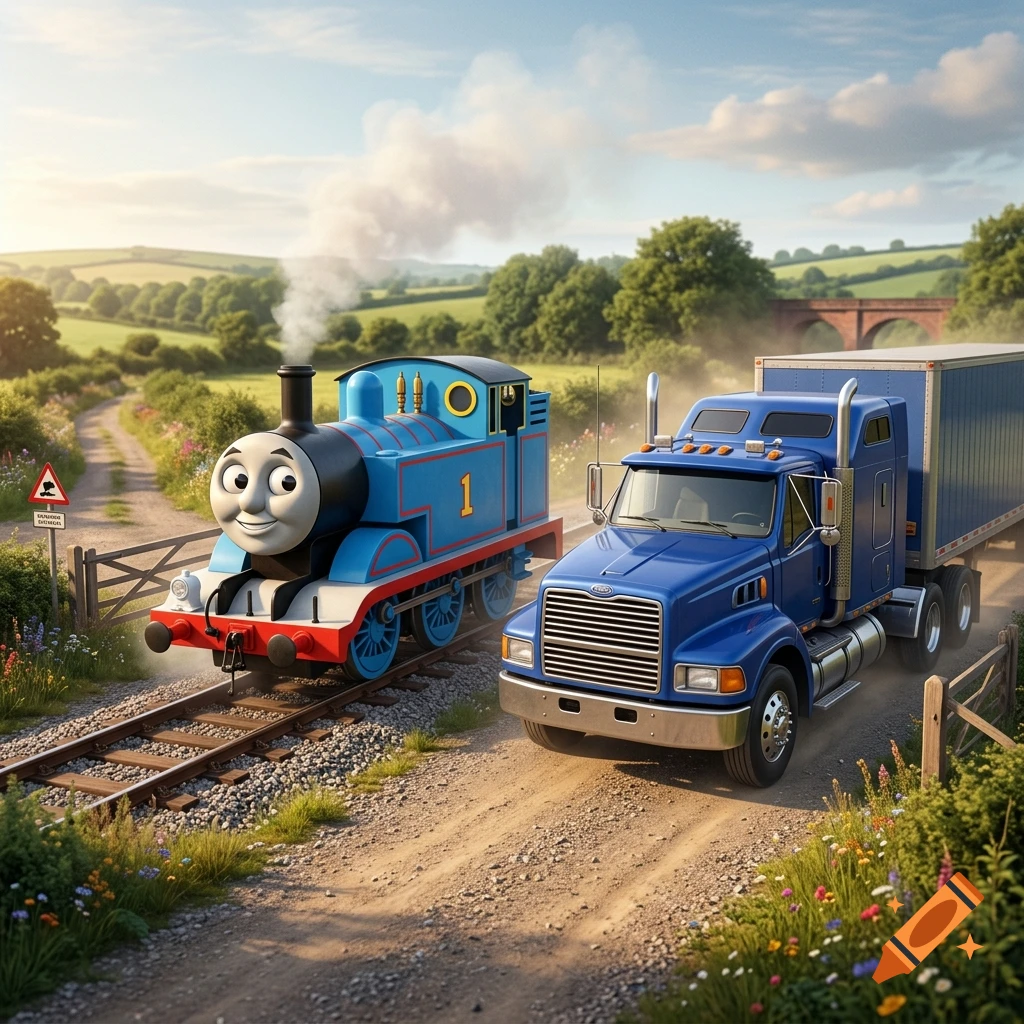 Thomas the Tank Engine and a blue semi-truck traveling side-by-side along tracks and a dirt road through a rural landscape.