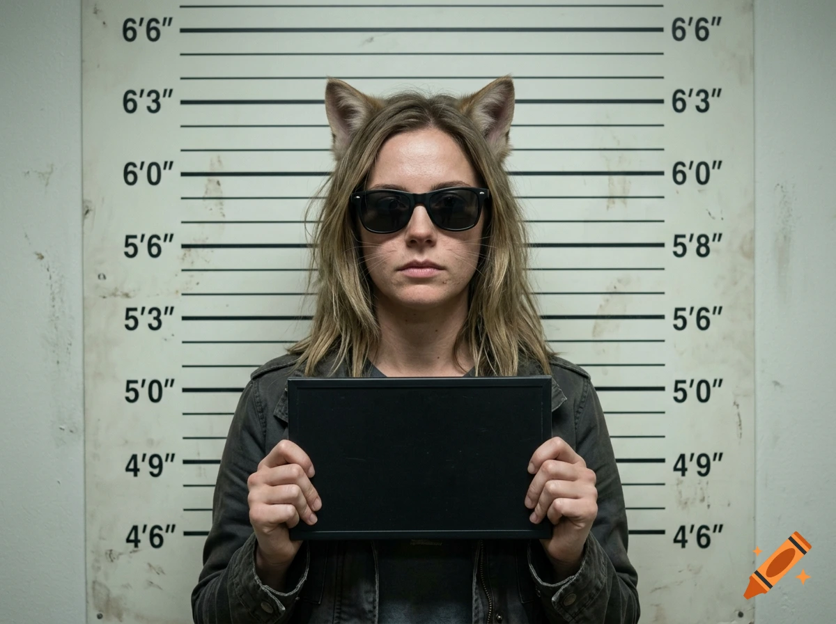 A mugshot of a person wearing cat ears and sunglasses in front of a height chart.