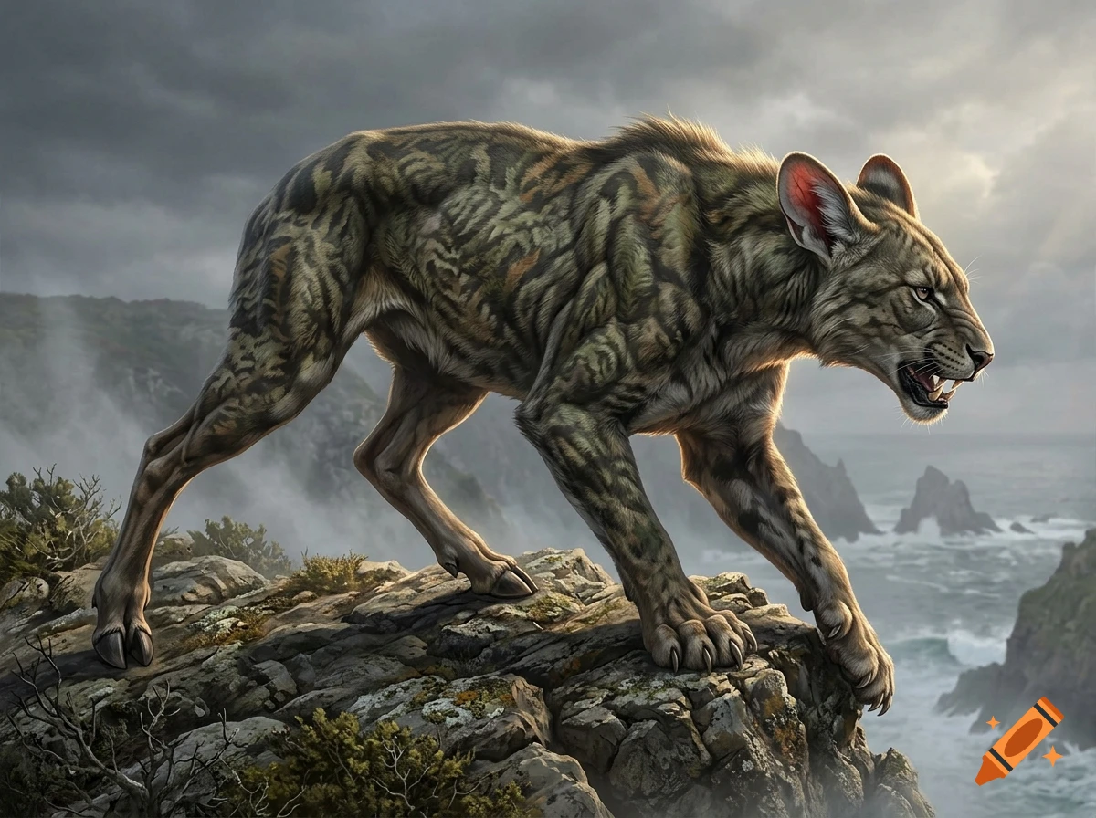 A digital art concept of a hybrid apex predator with feline and hoofed legs standing on a rocky ocean cliffside.