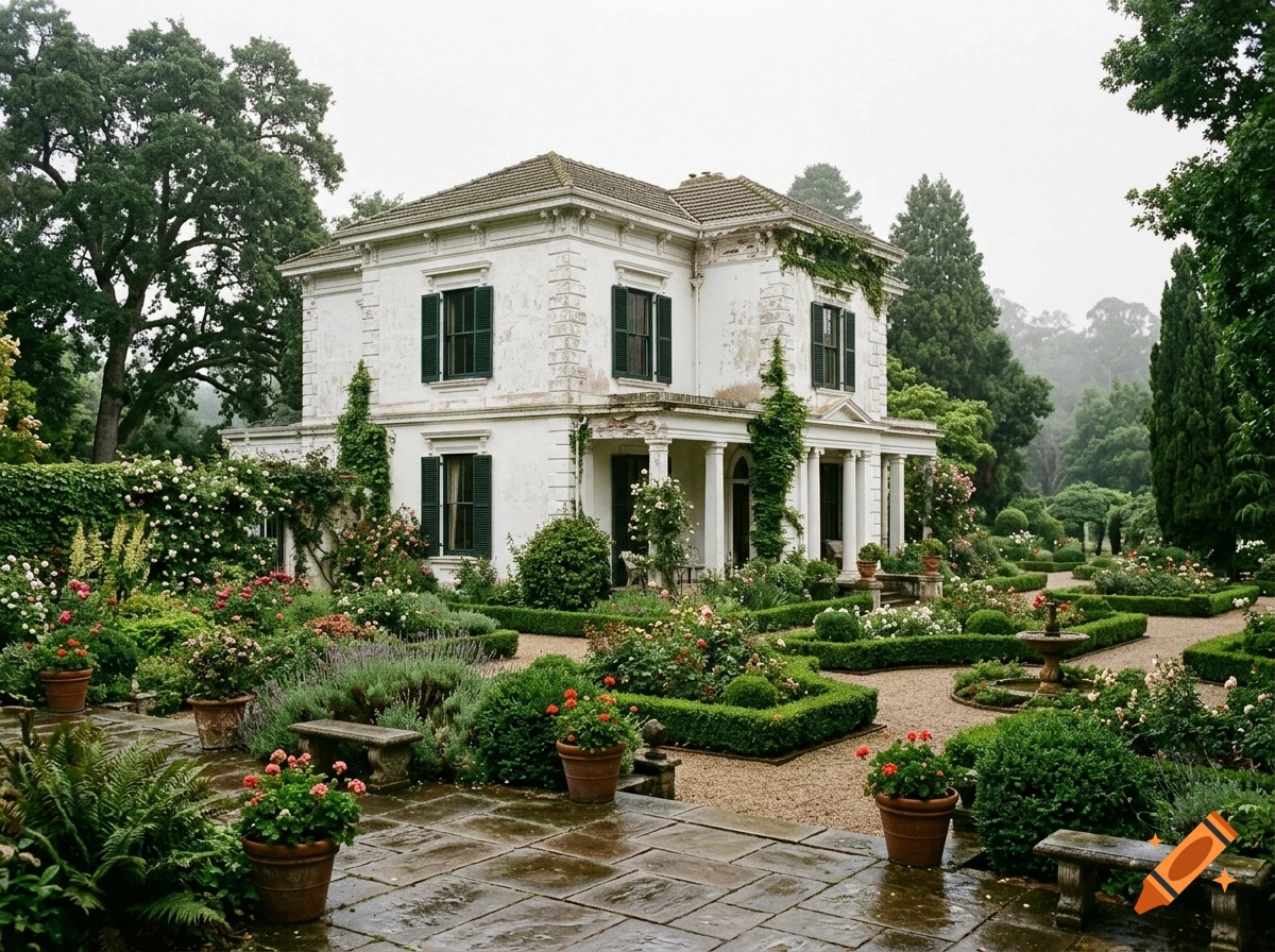 An old white villa surrounded by lush green gardens on an overcast day, photorealistic.