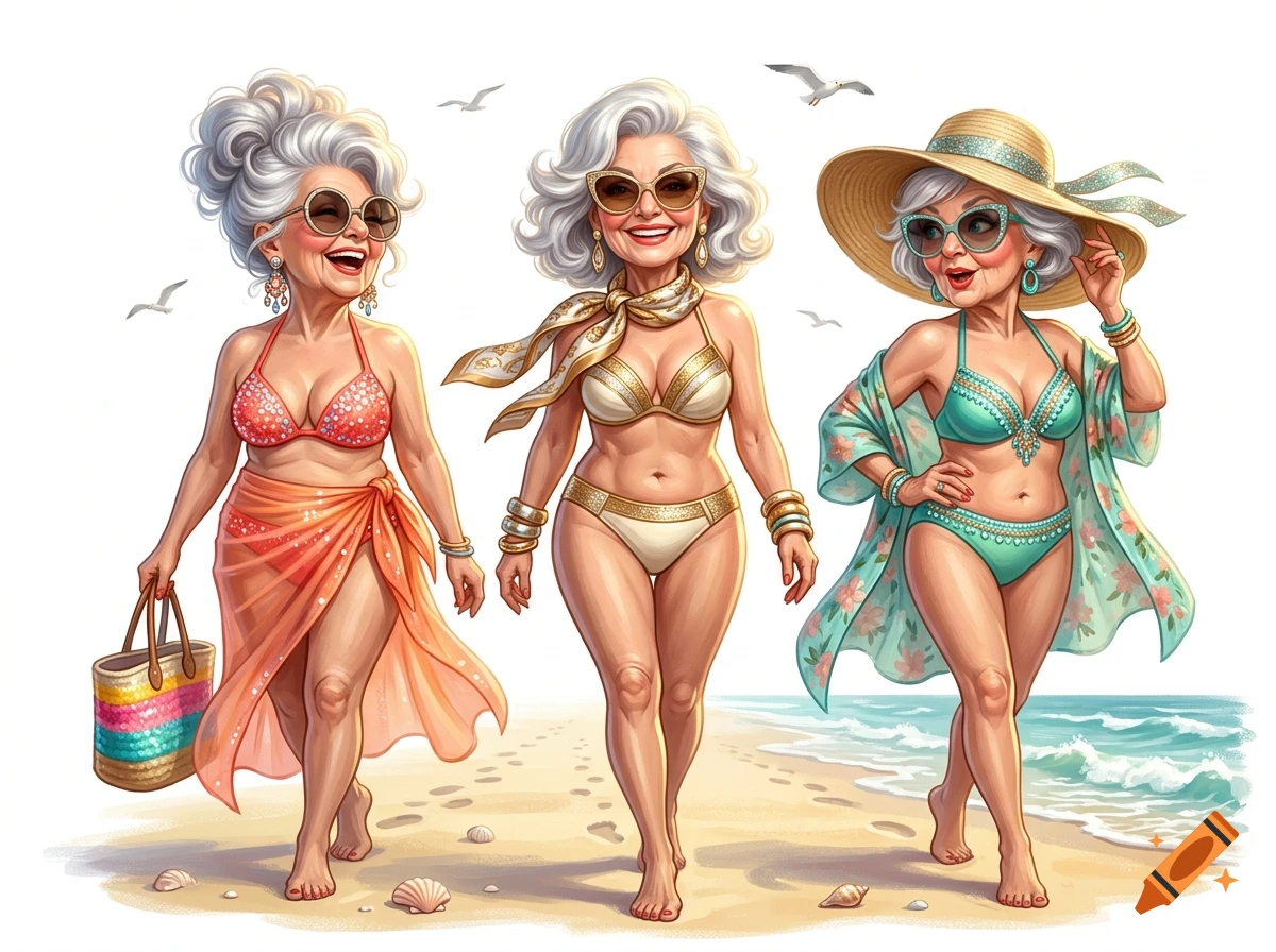 Caricature illustration of three glamorous older women in stylish bikinis walking along a sunny beach.