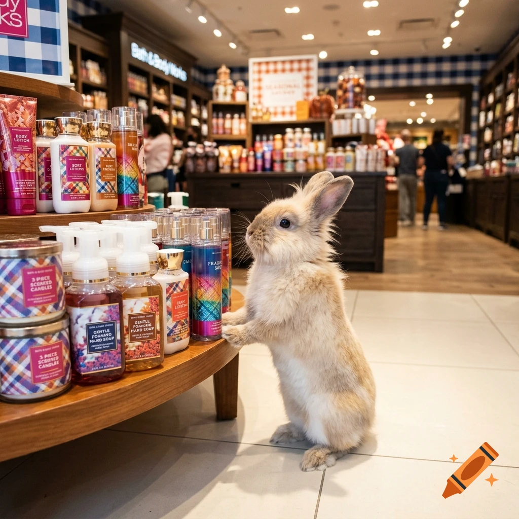 A fluffy tan rabbit standing on its hind legs to look at products displayed on a round wooden table inside a store, with shelves and blurry shoppers in the background.