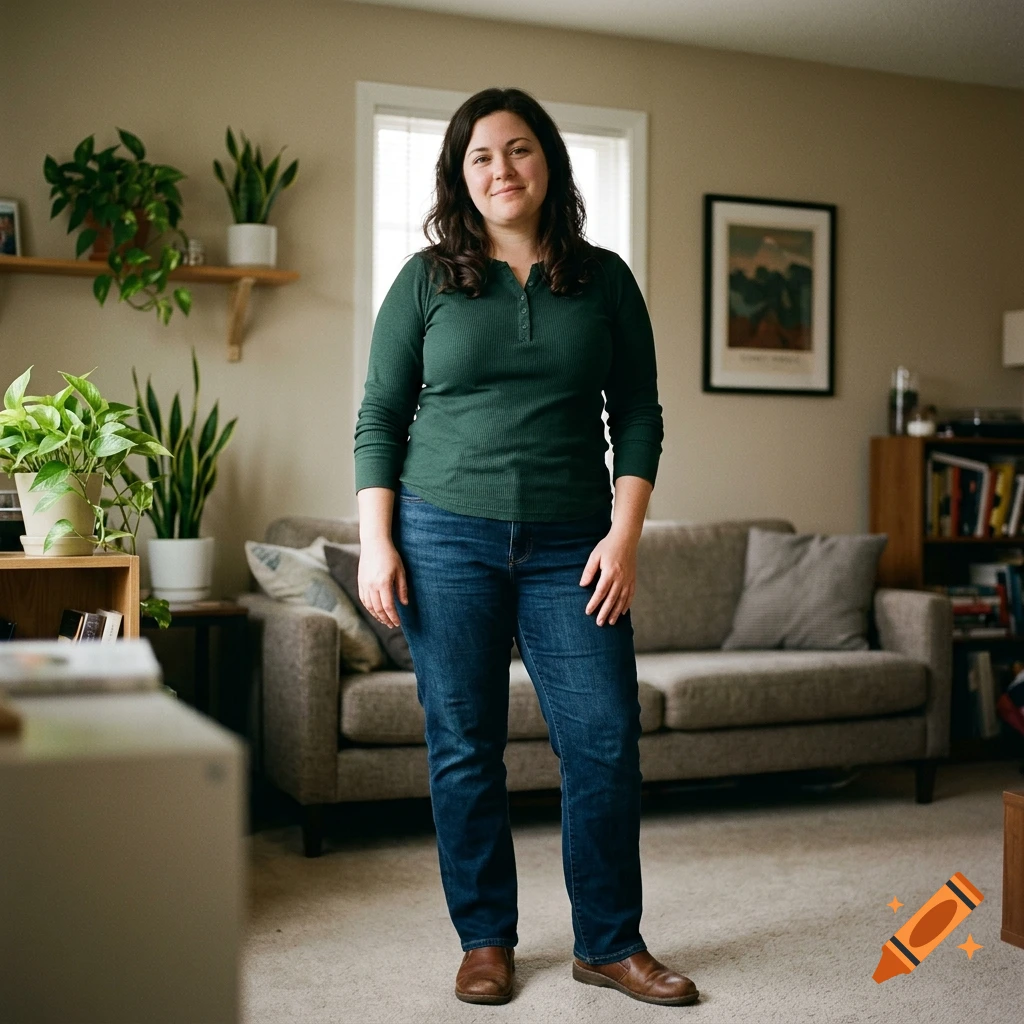 Photorealistic full-body portrait of a smiling woman standing in a cozy living room with house plants and a sofa.