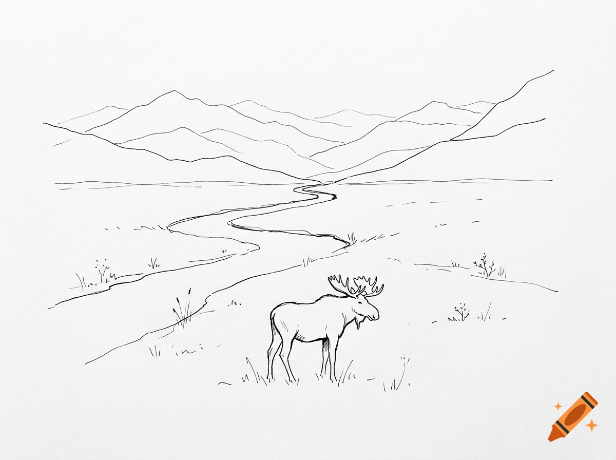 Black and white line sketch of a moose standing in a grassy plain with a river winding toward mountains in the background.