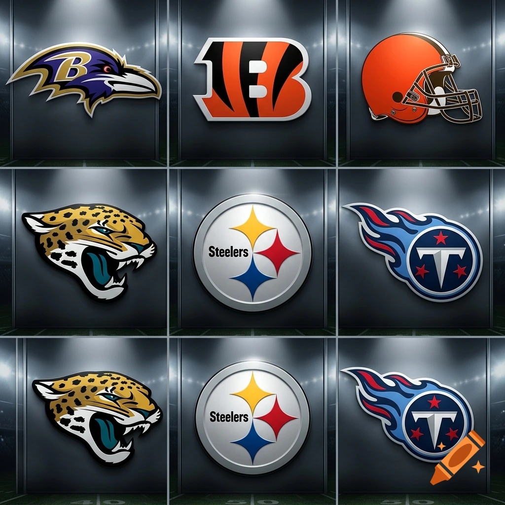 Grid showing logos of six NFL teams including Ravens, Bengals, Browns, Jaguars, Steelers, and Titans in a stadium locker room style.
