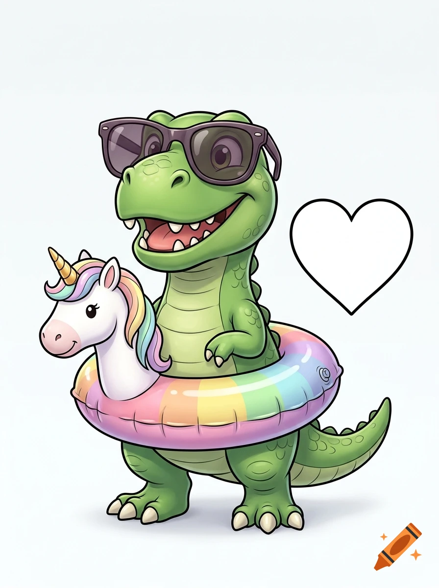 A friendly green dinosaur wearing sunglasses and a rainbow unicorn inner tube float, with an outline heart shape to the right.