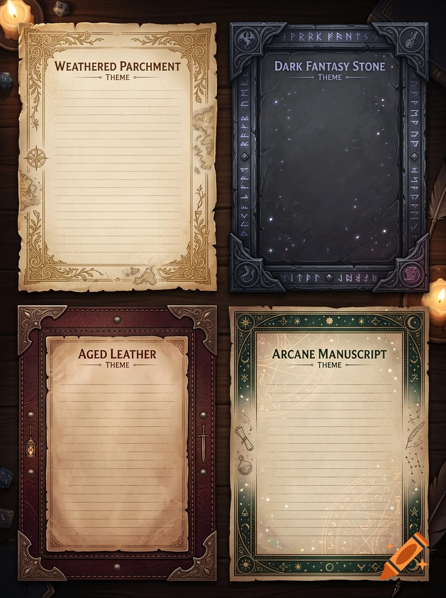 Four stylized fantasy text boxes with themes like weathered parchment, dark stone, aged leather, and arcane manuscript.