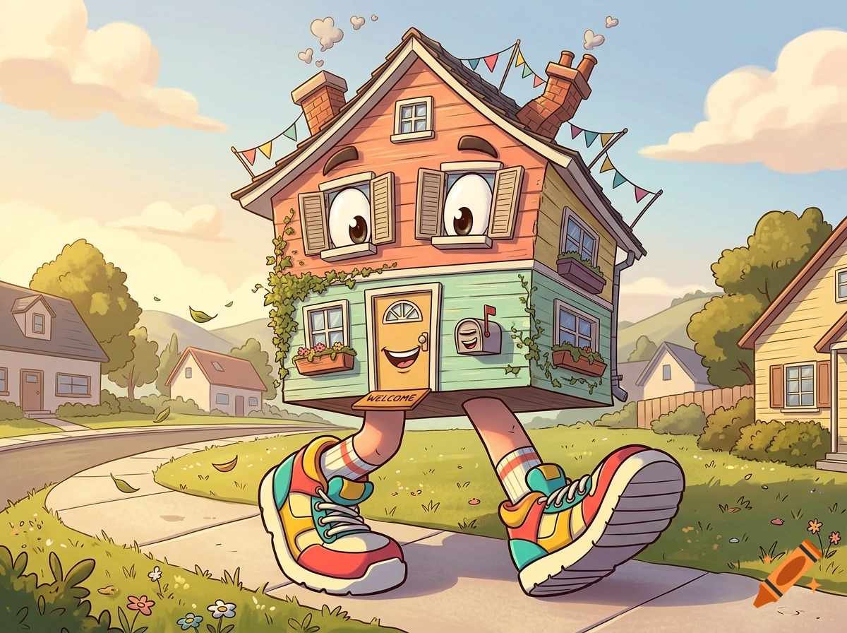 An anthropomorphic house with big eyes on the upper floor, a smiling front door, and legs wearing colorful sneakers walking down a suburban sidewalk.