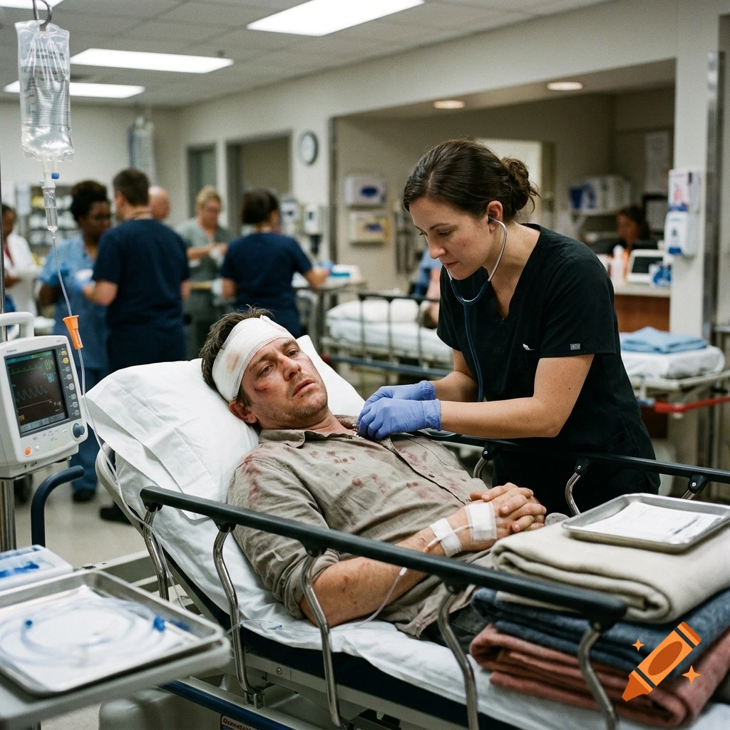 Photorealistic scene of a nurse examining an injured male patient with bandages on his head in a hospital emergency room.