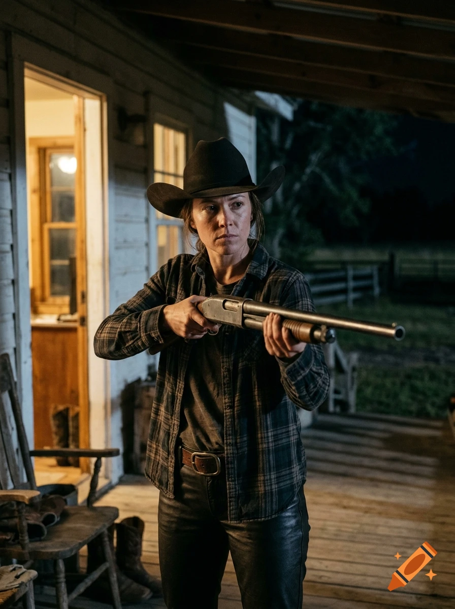 A modern cowgirl in a flannel shirt and cowboy hat holding a shotgun on a ranch porch at night, hyperrealistic digital art.