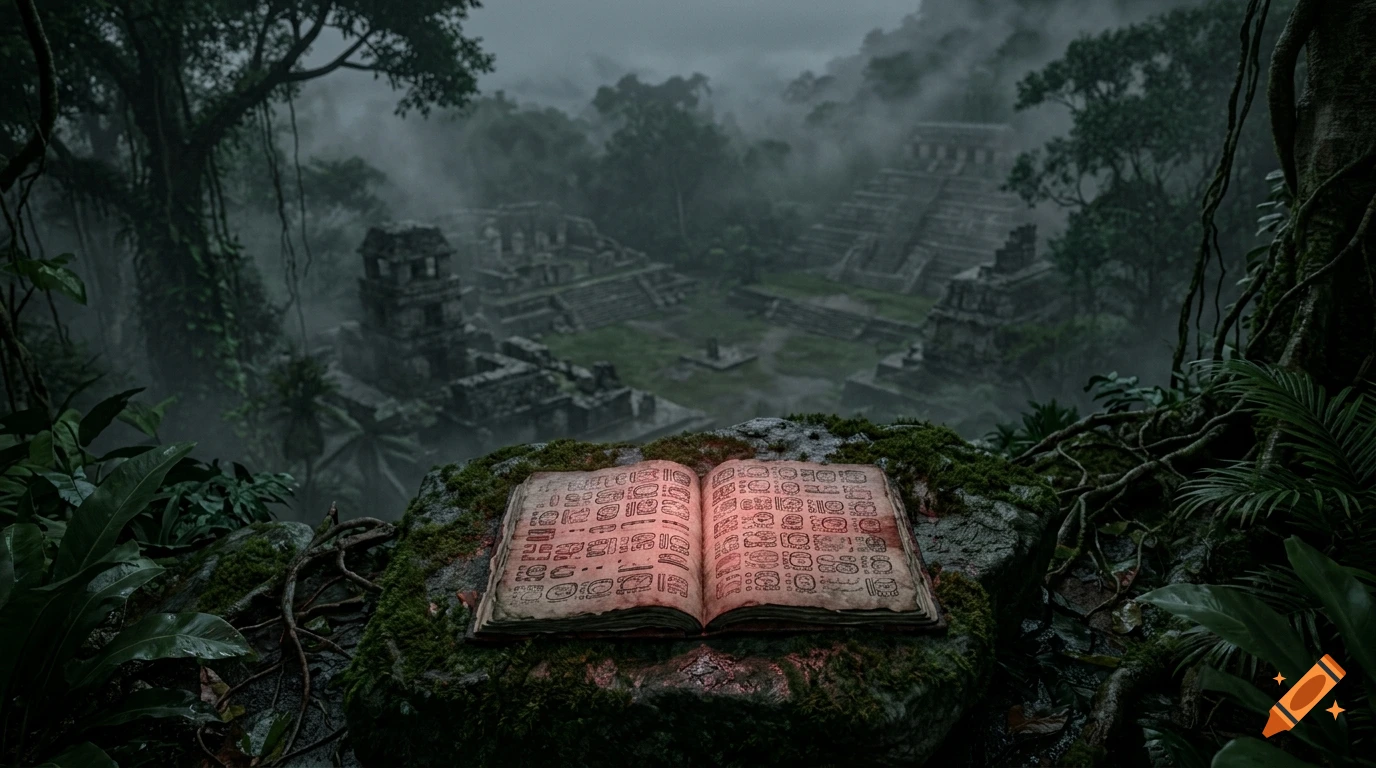 An open codex with glowing red glyphs rests on a mossy stone, overlooking a misty Mayan city in the jungle.