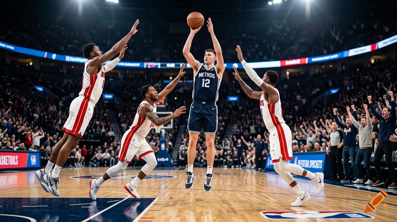 Photorealistic action shot of a basketball player shooting a jump shot while defenders contest at the three-point line in a packed arena.