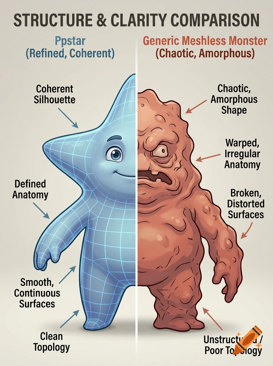 An educational comparison infographic showing a clean blue grid starfish character versus a chaotic brown monster character.