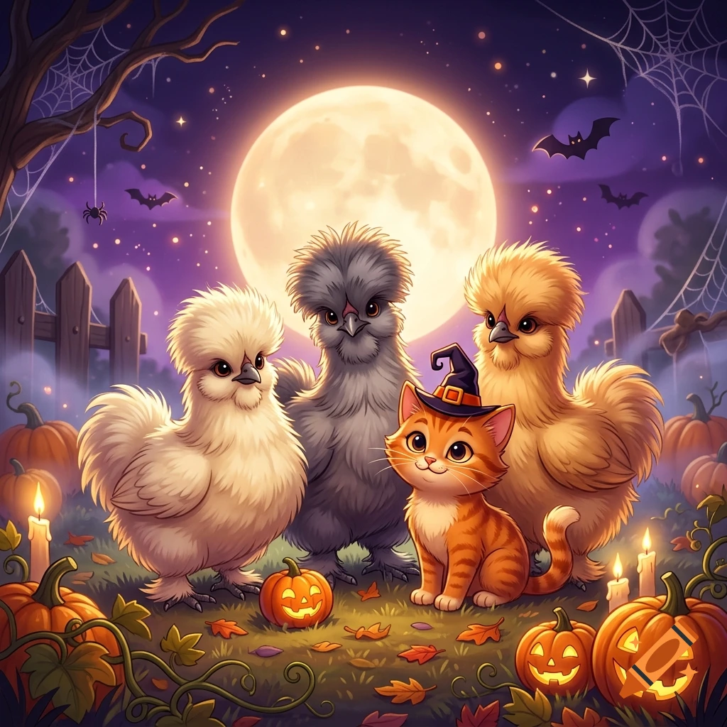Three fluffy Silkies and an orange cat wearing a witch hat pose in a moonlit Halloween graveyard with pumpkins and candles.