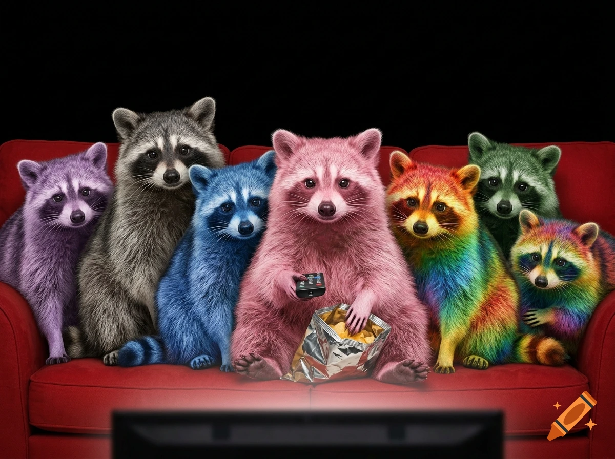 Photorealistic image of seven colorful raccoons sitting on a red couch, eating chips and watching television.