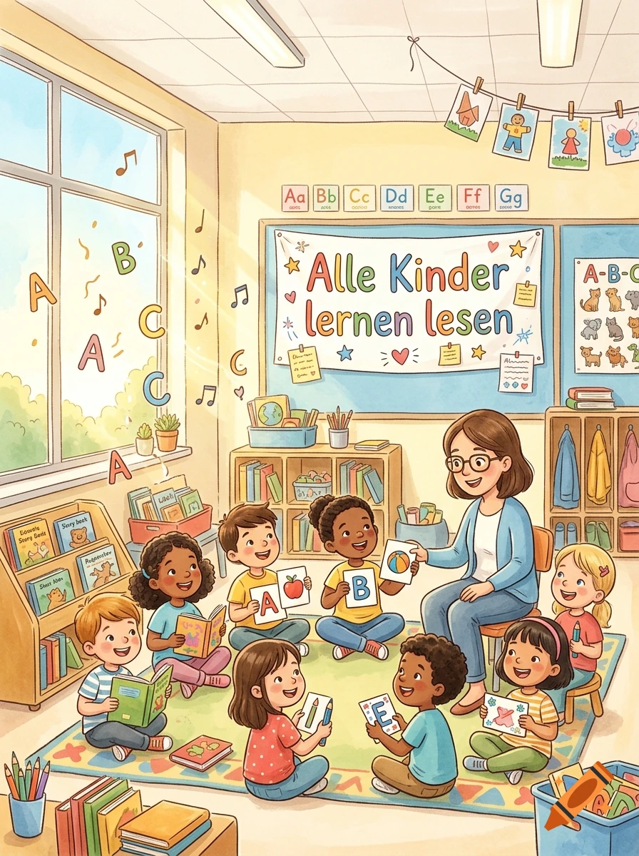 Children and a teacher sitting in a circle in a classroom, watercolor illustration style.