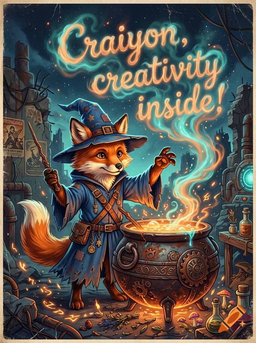 A cute fox wizard in a blue robe and pointy hat stirs a glowing potion cauldron in a ruined setting, with magical smoke forming text above.