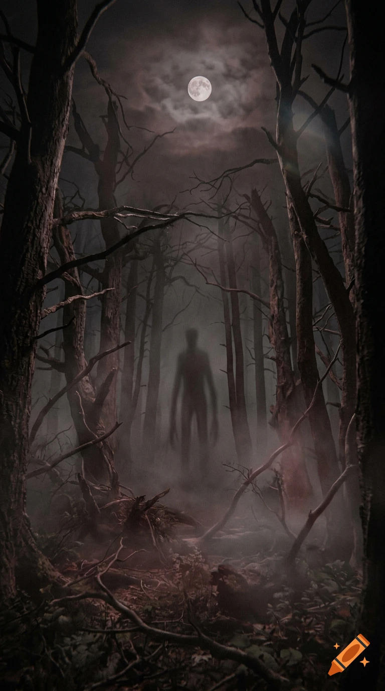 A dark, foggy forest with bare trees at night, illuminated by a full moon, with a shadowy humanoid figure standing in the center.