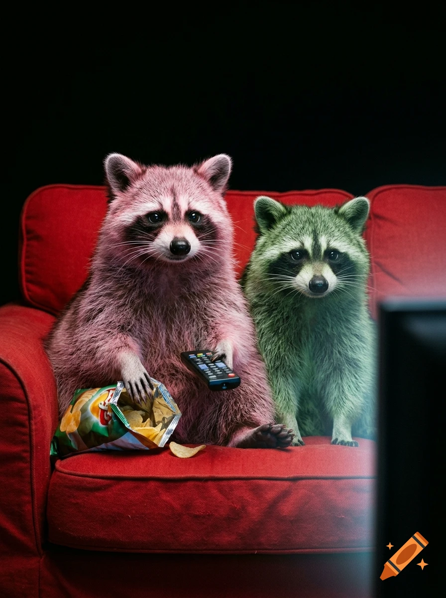 Photorealistic image of a pink raccoon holding a remote control and a bag of chips, sitting on a red couch next to a green raccoon.