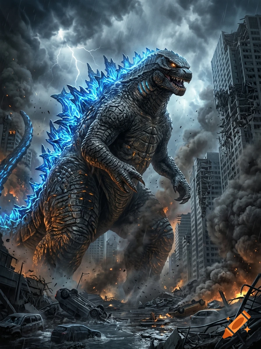 Godzilla roaring amidst a destroyed, stormy city with glowing blue dorsal plates.