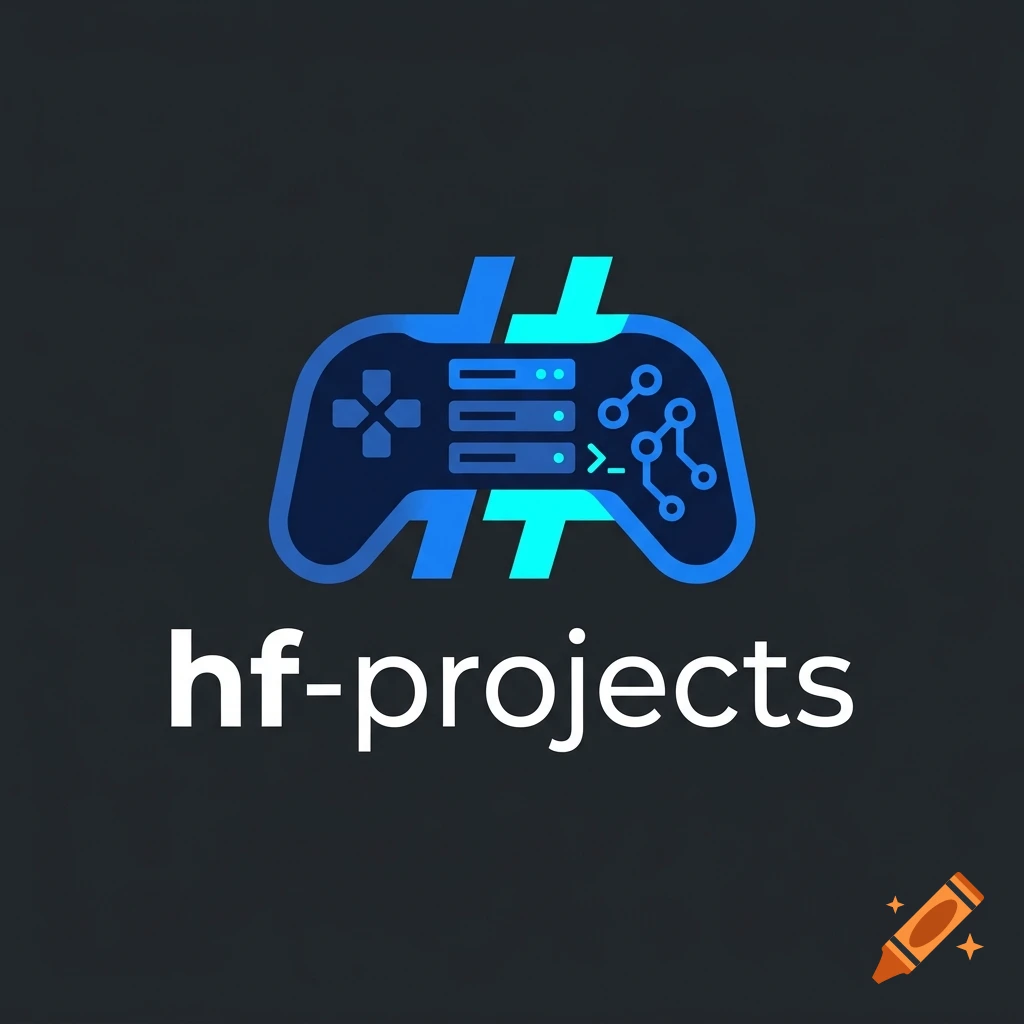 Logo design for hf-projects featuring a game controller integrated with server rack and code symbols.