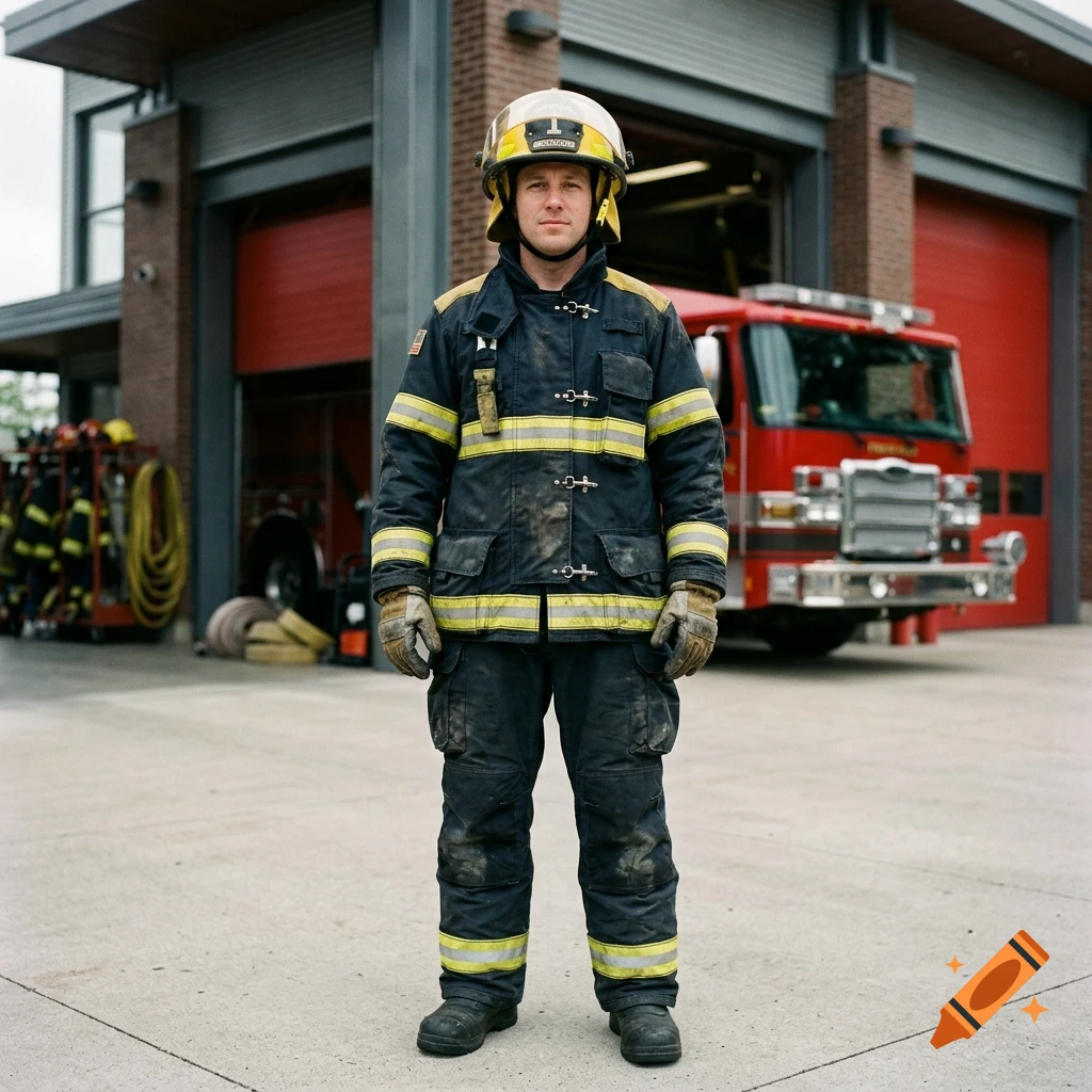 Photorealistic full-body portrait of a male firefighter in uniform standing in front of a fire station with a fire engine.