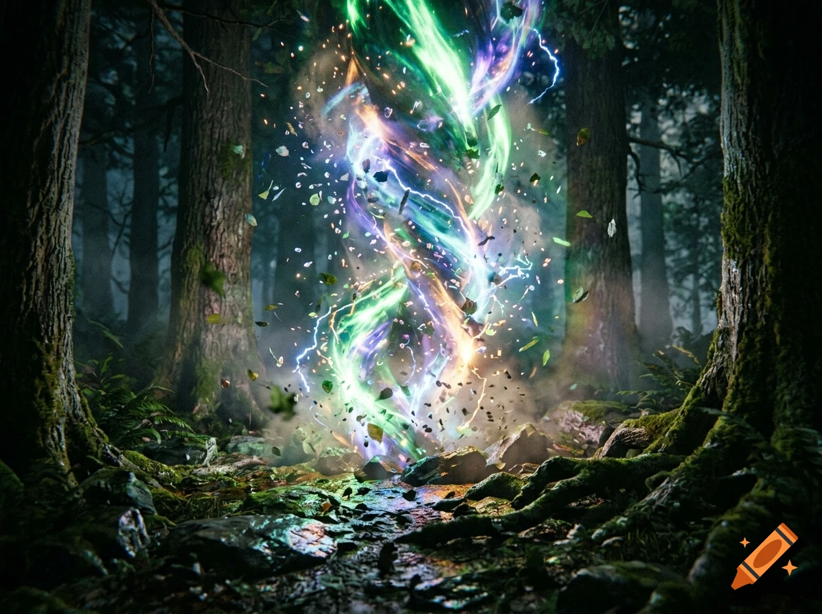 A swirling vortex of magical green and purple energy with lightning and floating leaves in a dark forest.