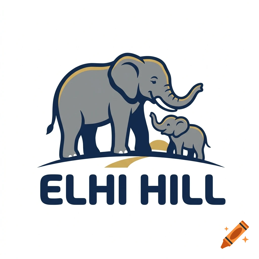 Logo design featuring a large grey elephant and a small elephant walking together, with the text 'ELHI HILL' below in blue.
