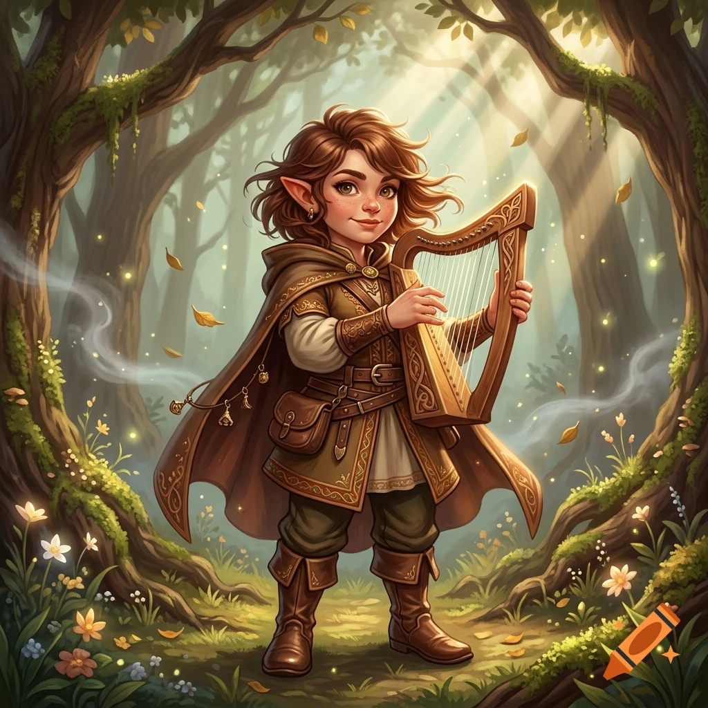 Digital illustration of a young halfling bard holding a small harp in an enchanted forest.