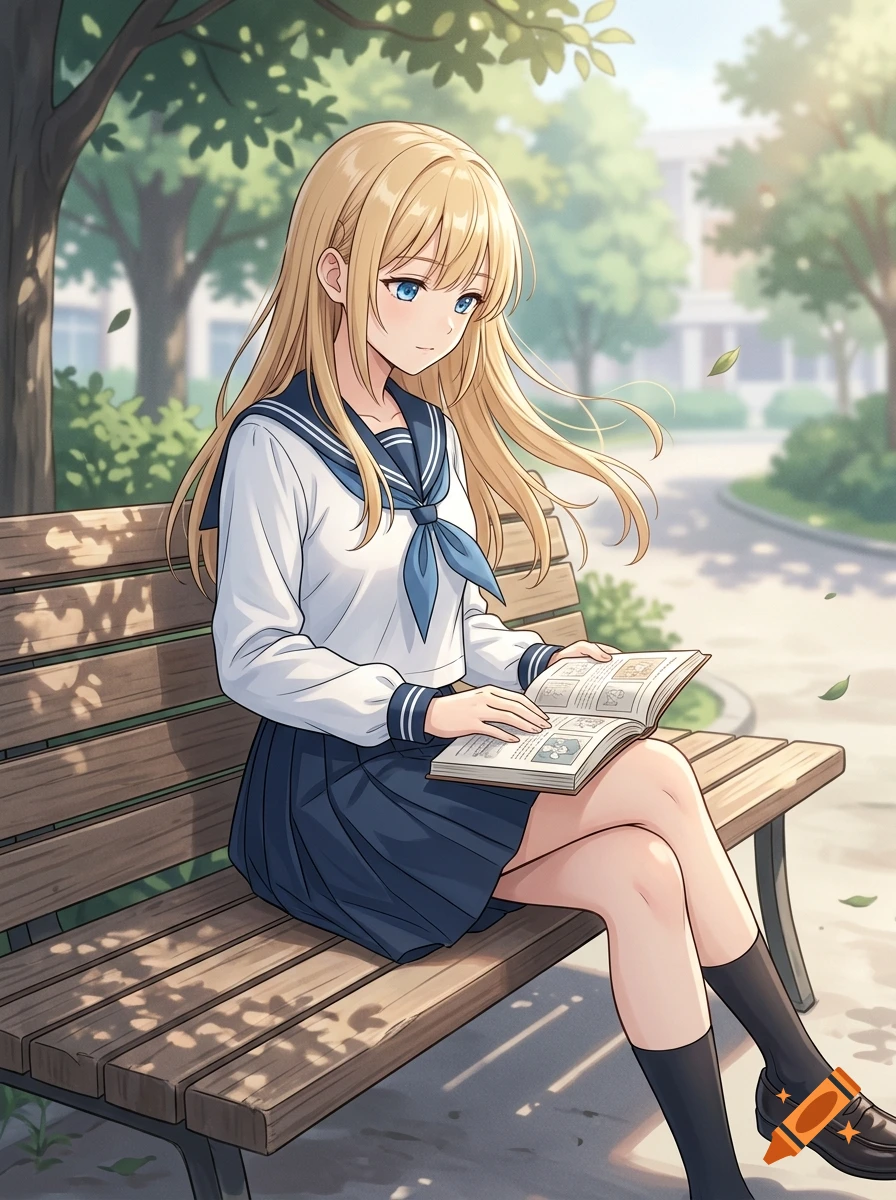 Anime style illustration of a blonde schoolgirl reading a book on a wooden park bench.