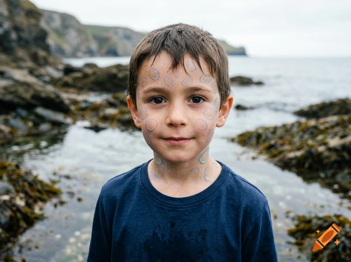 Portrait of a young boy with painted circles on his face standing by the ocean with rocky shores in the background