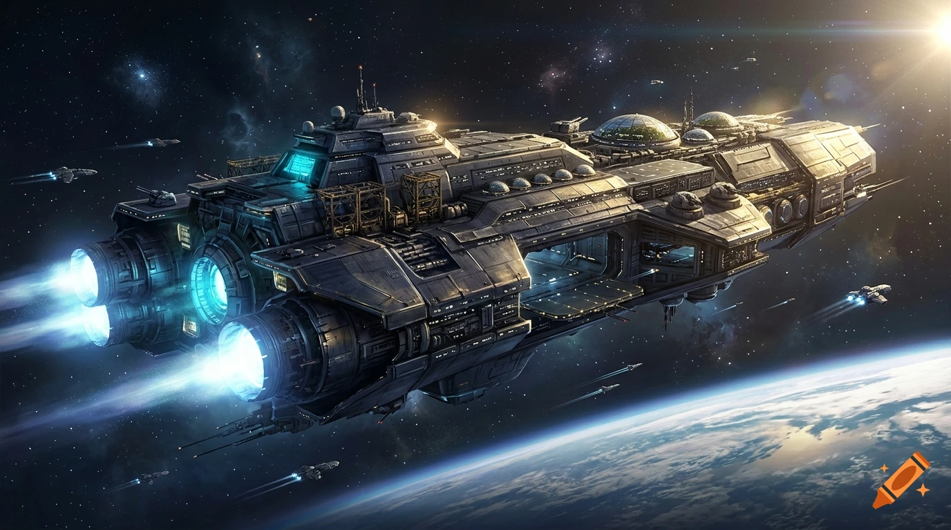 A massive sci-fi spaceship with glowing blue engines flying through space above a planet, detailed digital art.