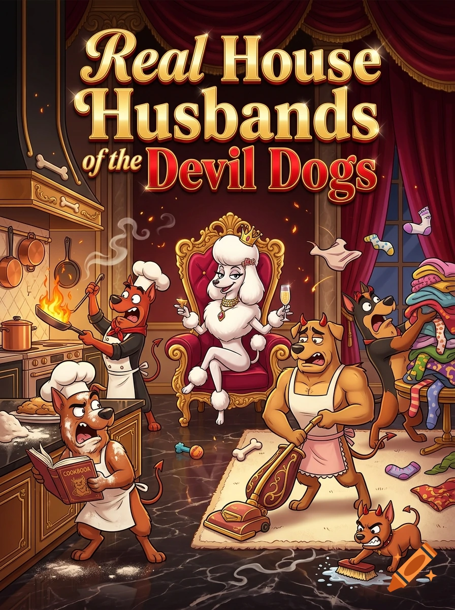 Digital cartoon poster for a show titled Real House Husbands of the Devil Dogs featuring male dogs doing chores and a poodle on a throne.