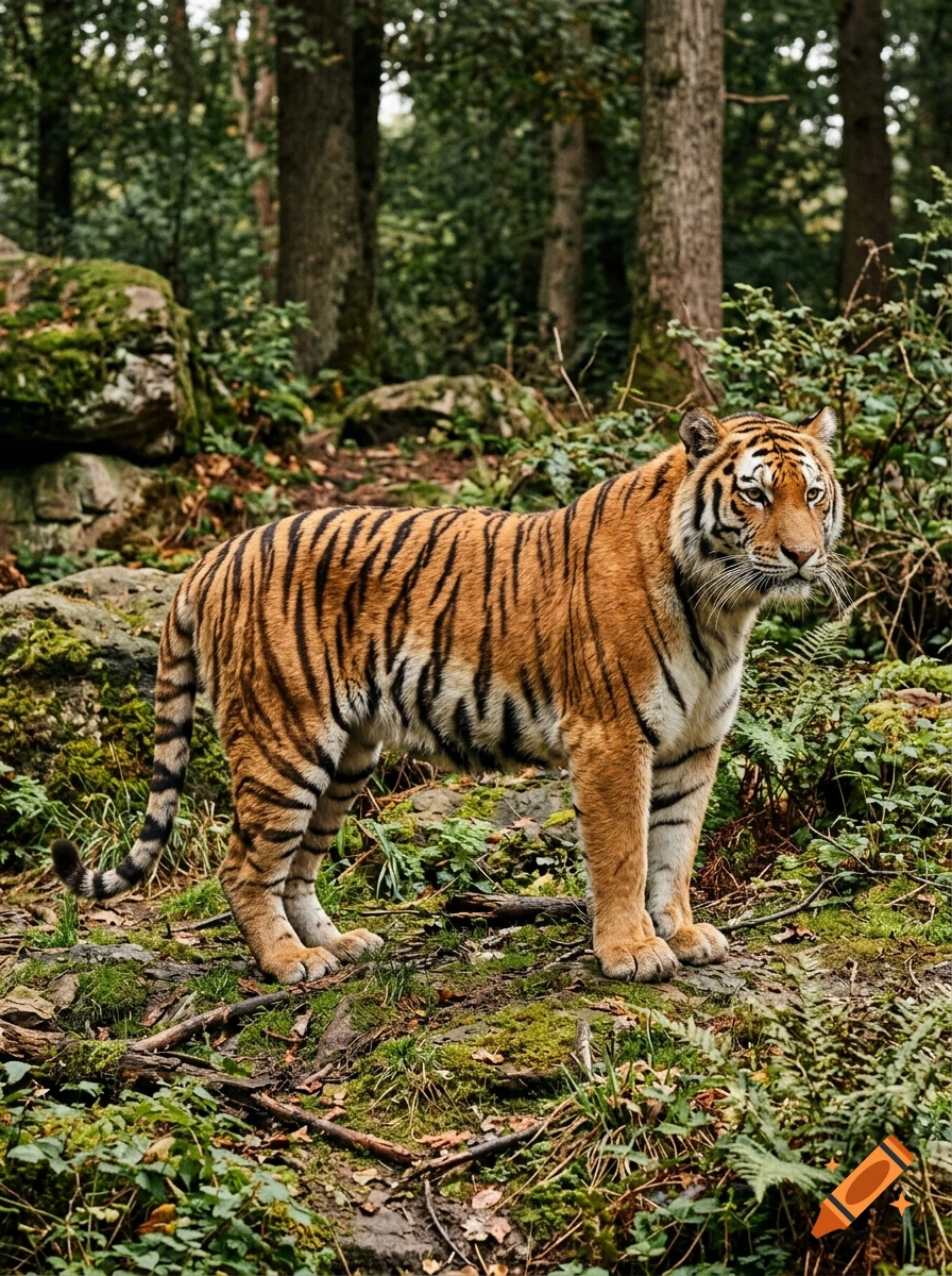 A powerful tiger standing on a mossy forest floor among trees and ferns, photorealistic.