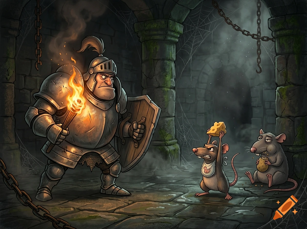 Digital cartoon illustration of a plump knight with a torch confronting an angry rat holding cheese in a dungeon, with another rat eating nearby.