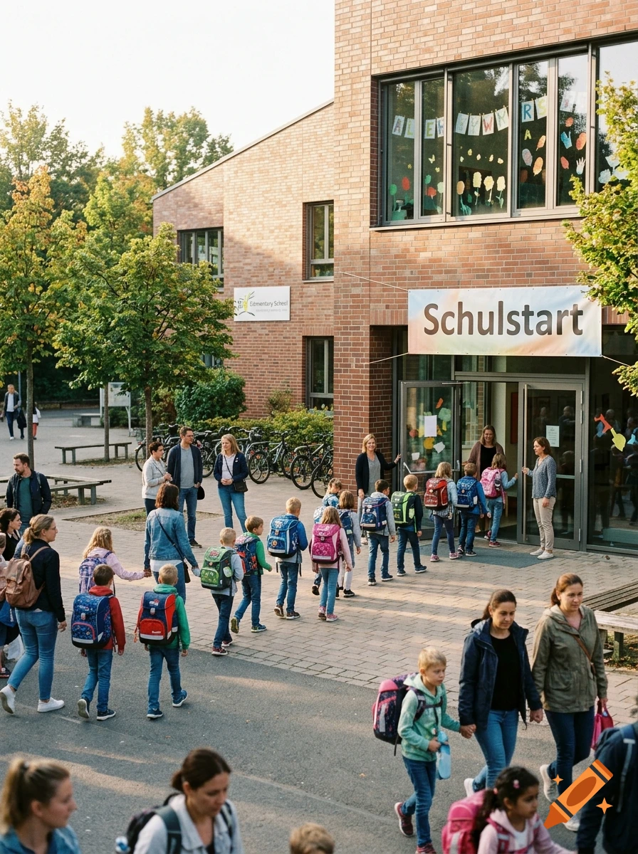 Children and parents walking towards a school building with a Schulstart banner on the first day of school.