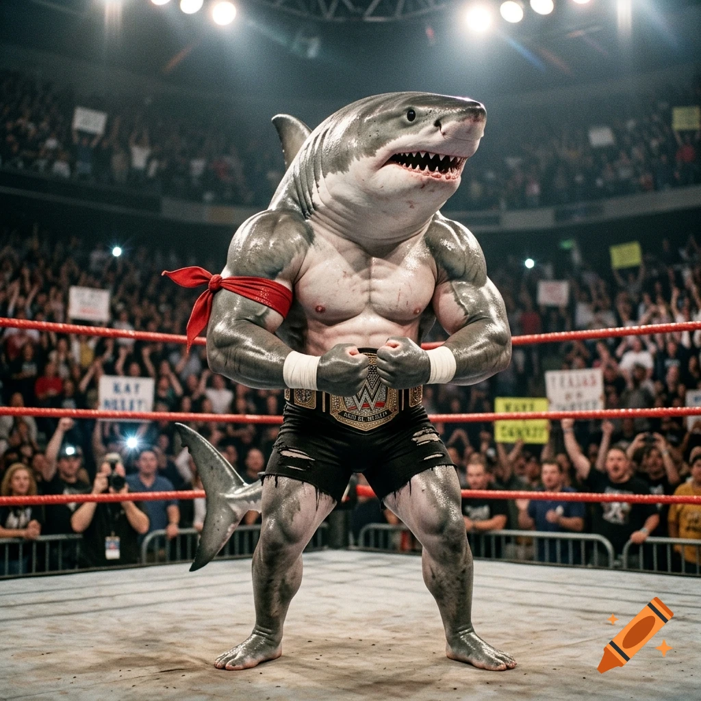 Photorealistic image of a muscular anthropomorphic shark with a shark head flexing muscles in a wrestling ring.