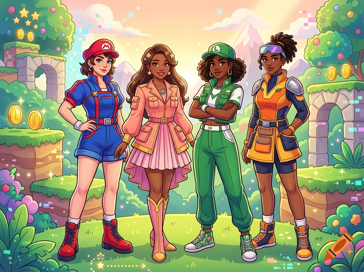 Digital illustration of four diverse women cosplaying as Nintendo characters in a fantasy video game landscape.