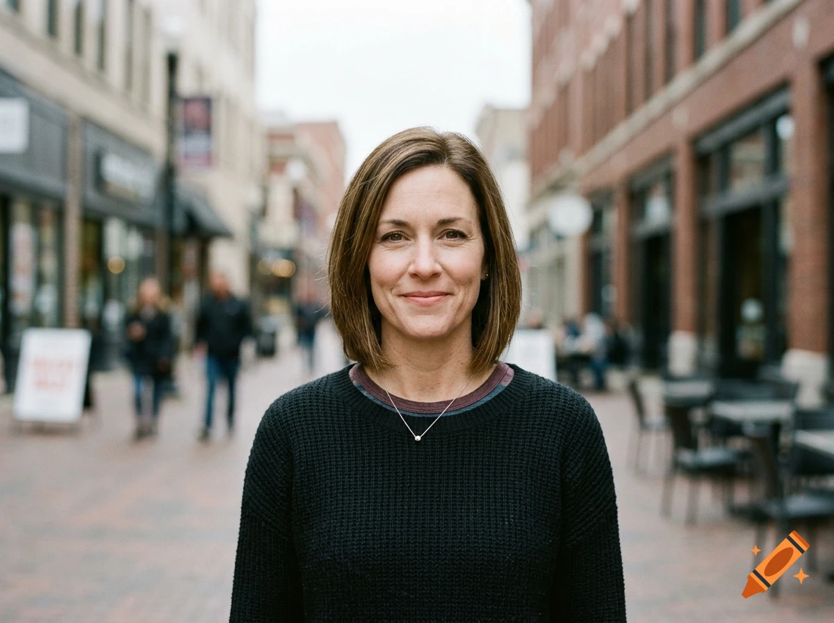Photorealistic medium shot of a smiling woman with shoulder-length brown hair wearing a black sweater on a city street.