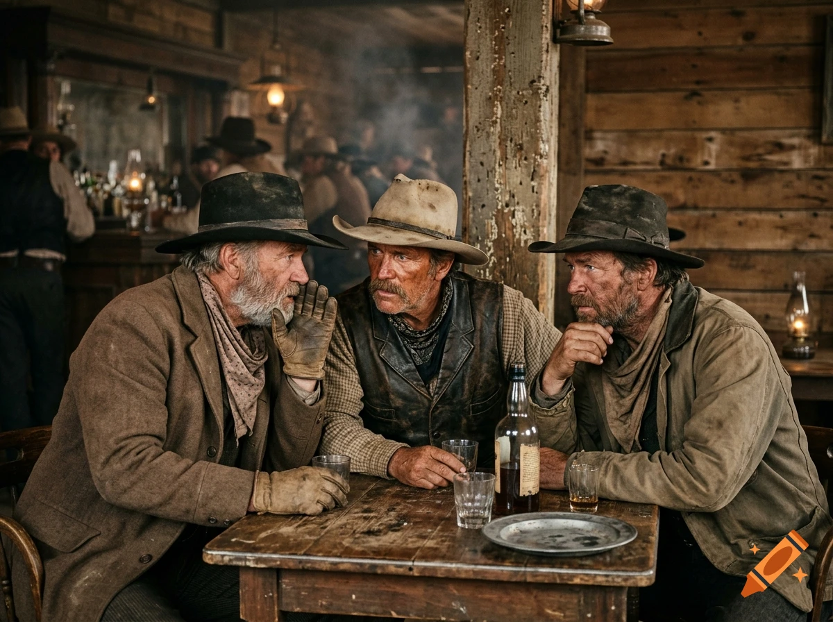 Three cowboys in hats sitting around a rustic wooden table in a saloon, with one whispering into another's ear.