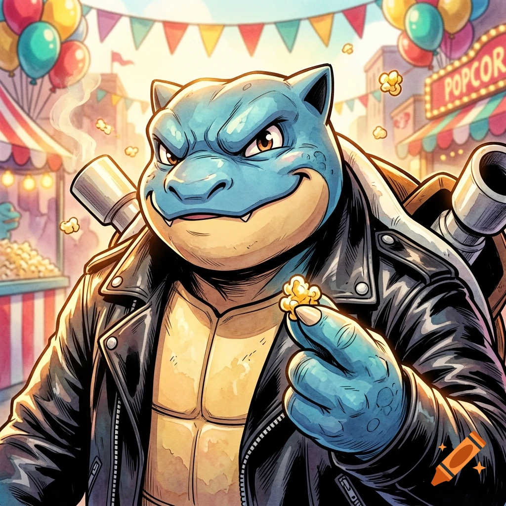 Comic book art of Blastoise in a black leather biker jacket holding a popcorn kernel at a carnival.