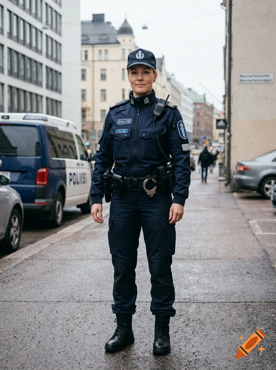 Full-body photorealistic portrait of a female police officer in uniform standing on a city street.