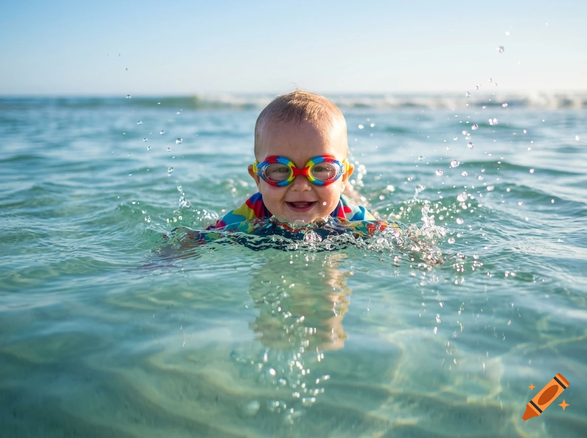 A smiling baby wearing colorful swimming goggles splashing in turquoise sea water.