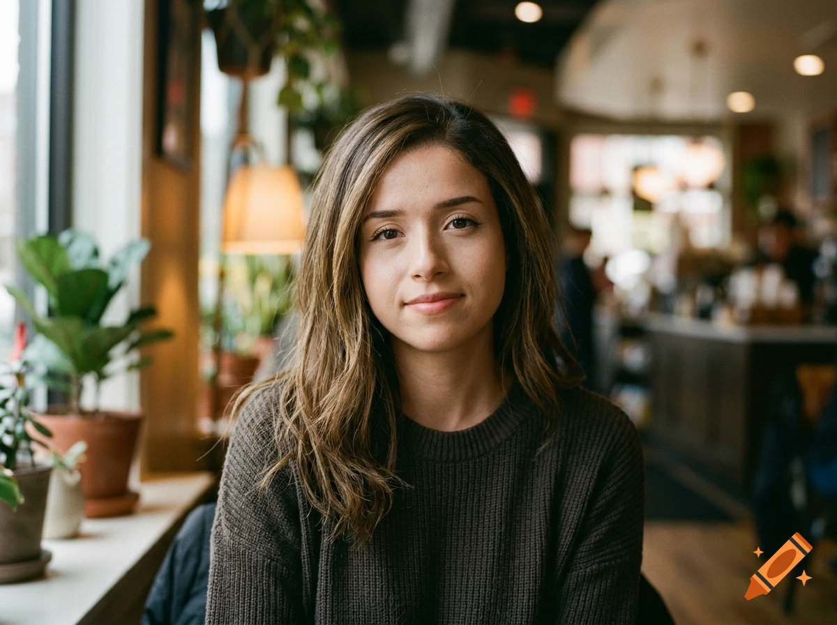 Photorealistic medium shot portrait of a young woman with brown hair sitting in a cozy cafe.