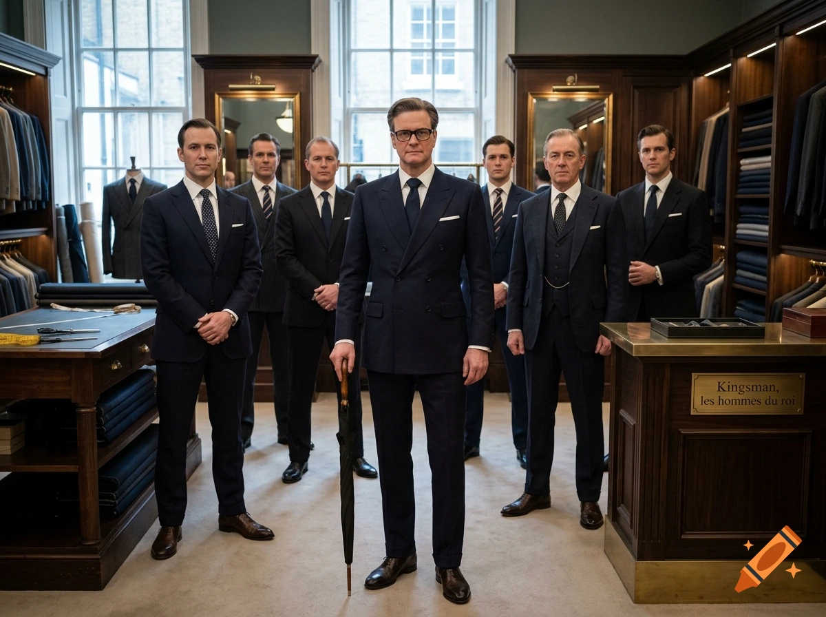 Group of men in tailored suits standing in a luxury tailor shop holding an umbrella, photorealistic style.