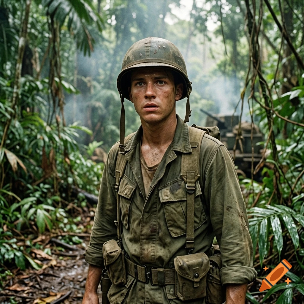 A soldier in military uniform and helmet stands in a dense jungle environment.